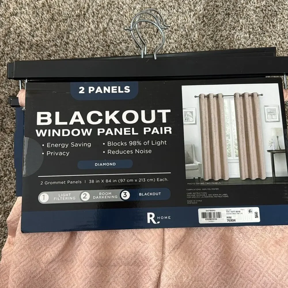 BLACK OUT WINDOW CURTAINS in rose color with diamond pattern set of two